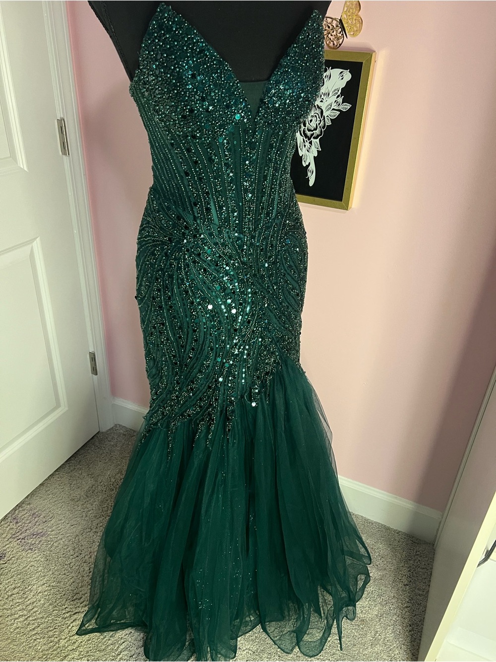 Strapless Emerald Beaded Mermaid Gown